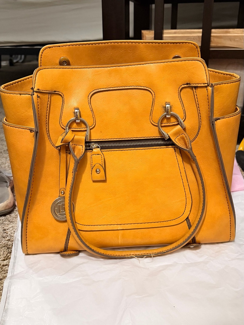 London Fog Large Mustard Yellow Structured Shoulder Tote